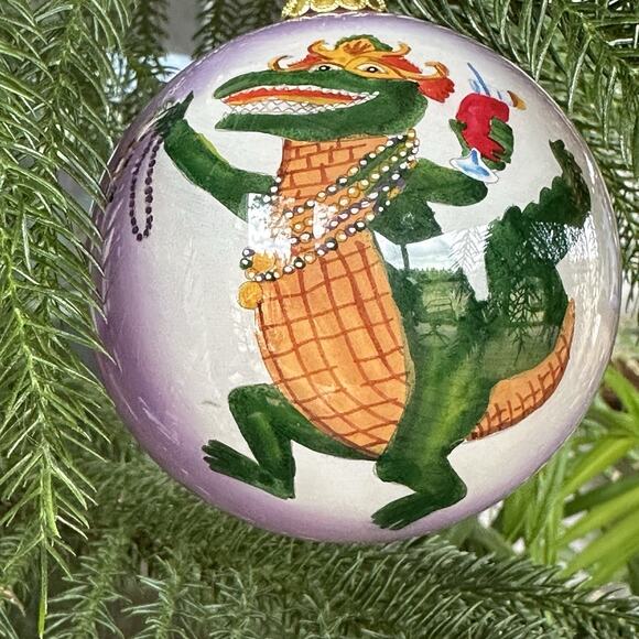 The Beach Combers Mardi Gras Gator & Crawfish Glass Painted Christmas Ornament - Picture 3 of 16